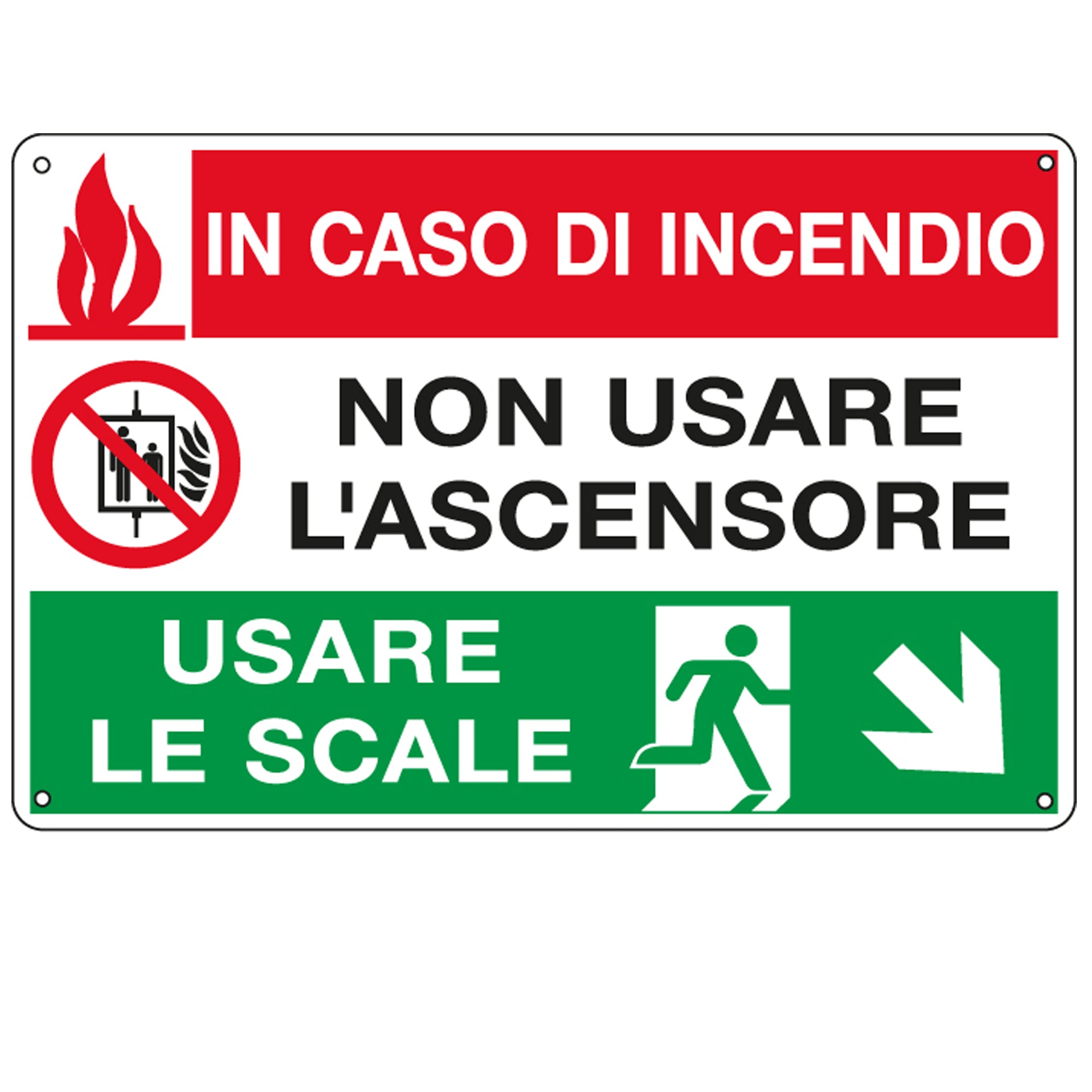 Cartello segnalatore multisimbolo - 30x20 cm - IN CASO DI INCENDIO NON USARE L'ASCENSORE… - alluminio - Cartelli Segnalatori - image 1