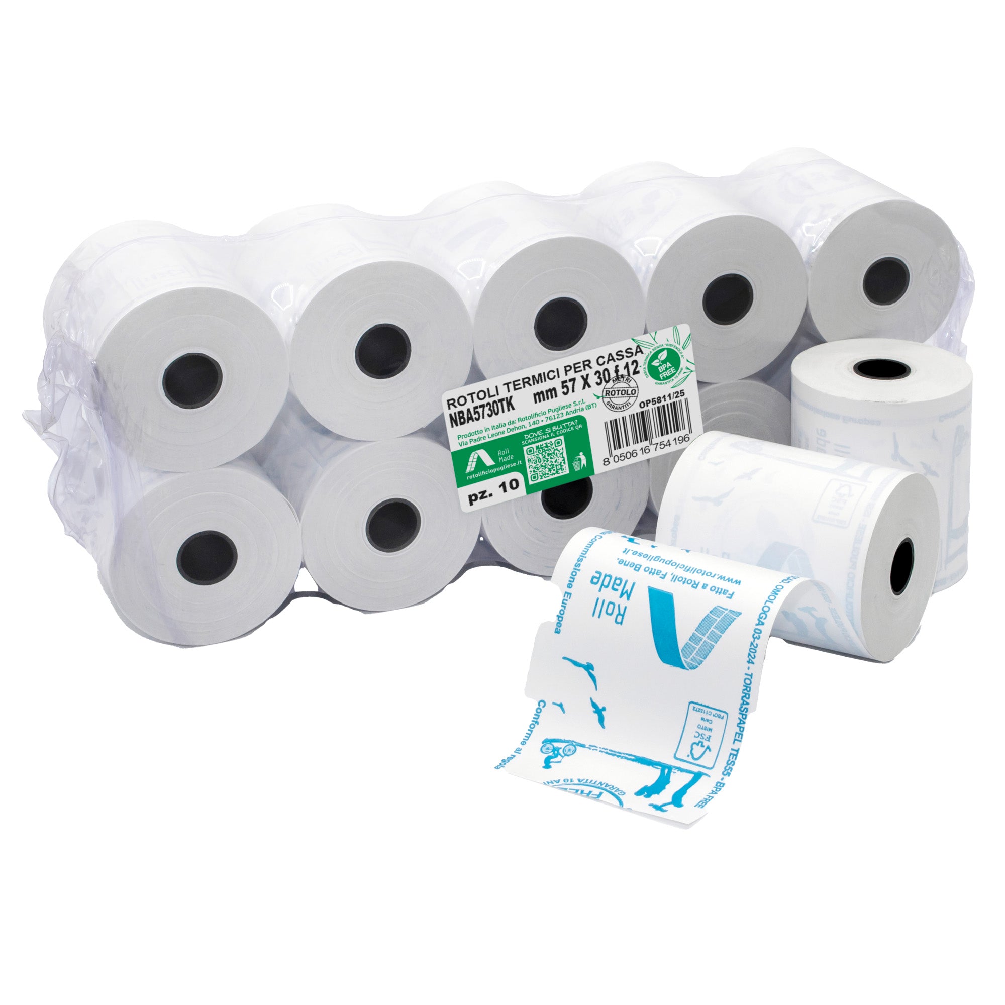 Rotolo per registratori di cassa - carta termica BPA free - 57 mm x 30 mt - 48 gr - diametro esterno 45 mm - anima 12 mm - Rotolific io Pugliese - blister 10 pezzi - image 1