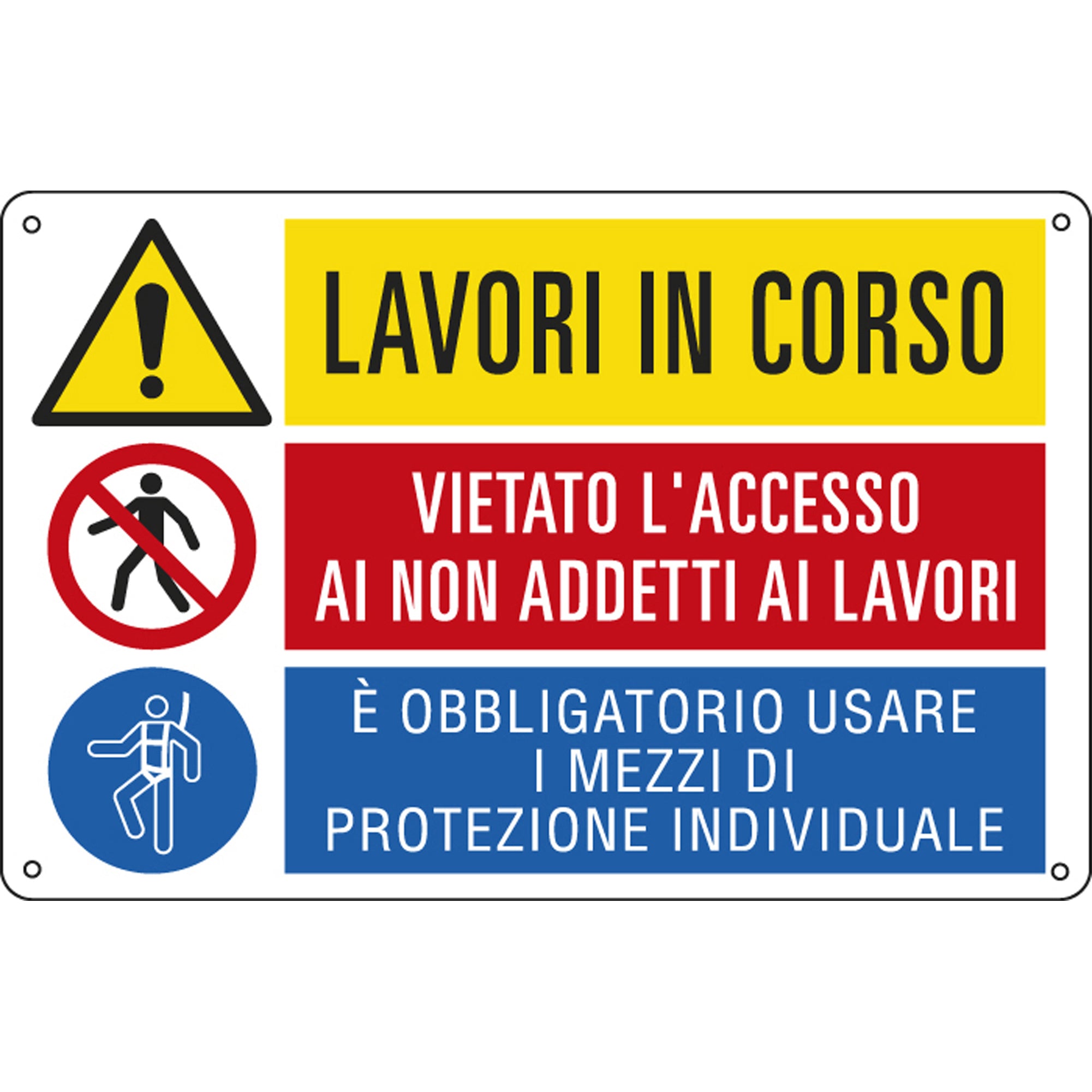 Cartello segnalatore multisimbolo - 50x33,3 cm - LAVORI IN CORSO/VIETATO L'ACCESSO…/E' OBBLIGATORIO… - alluminio - Cartelli Segnalatori - image 1