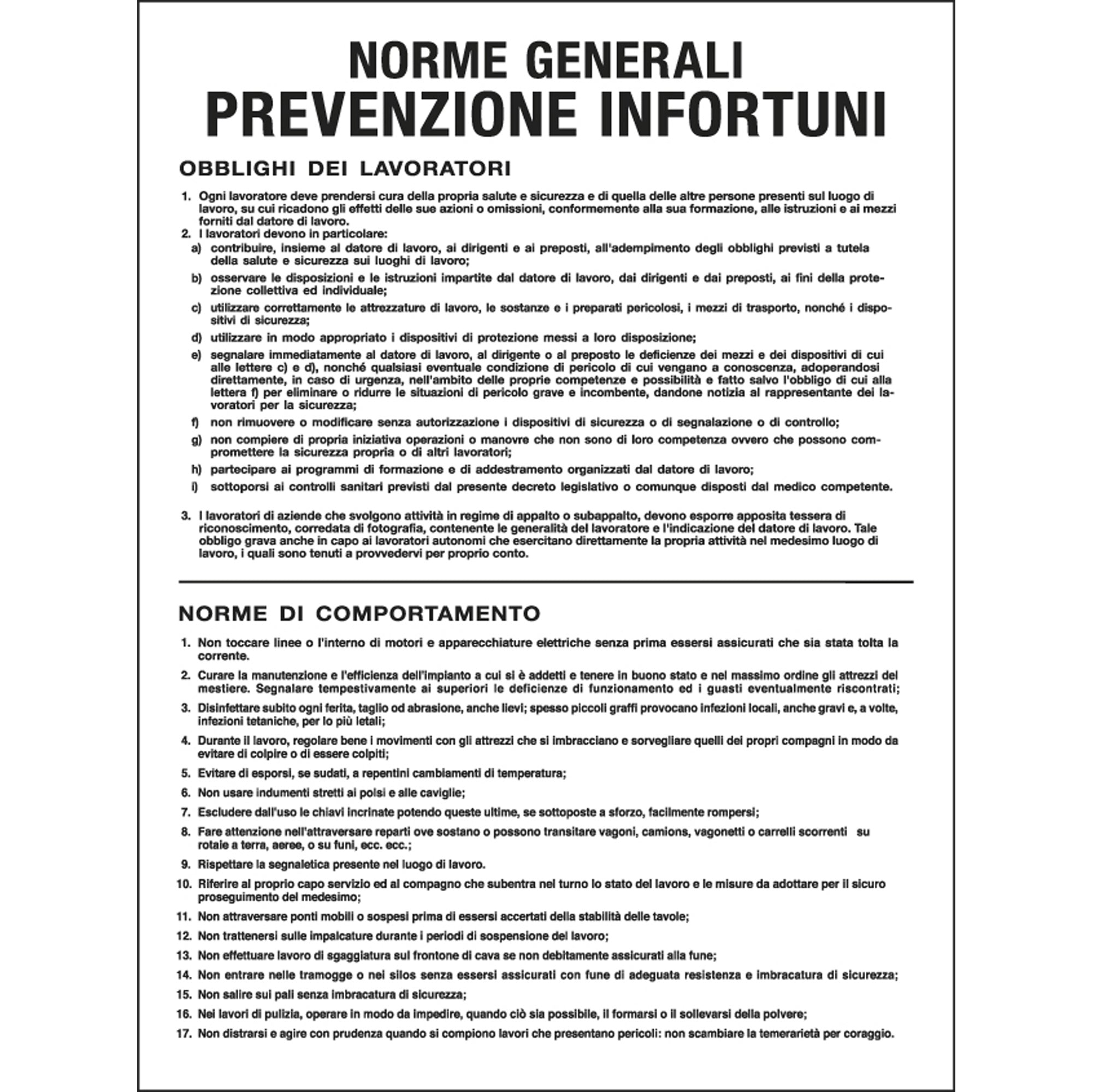 Cartello segnalatore - 50x67 cm - NORME GENERALI PREVENZIONE INFORTUNI - polionda - Cartelli Segnalatori - image 1