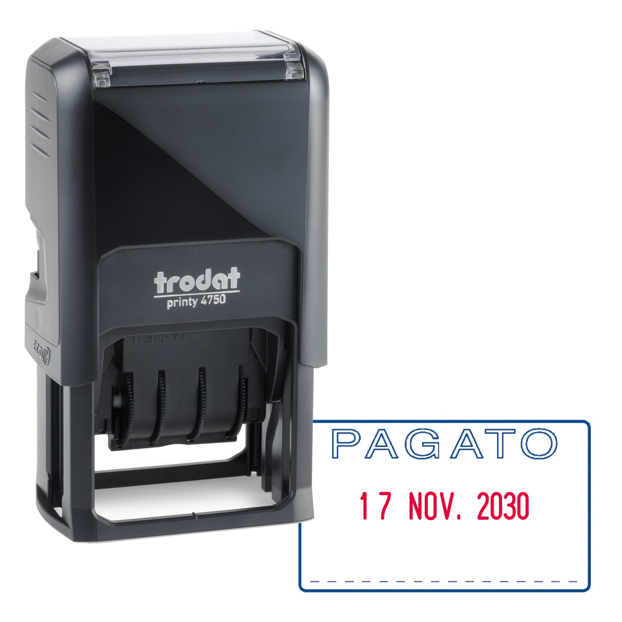Timbro Printy 4750/L autoinchiostrante - DATA + PAGATO - 41 x 24 mm - 4 mm - bicolore - Trodat - image 1