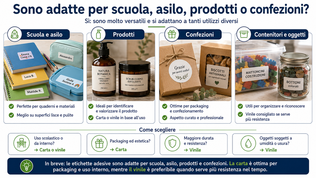 Sono adatte per scuola, asilo, prodotti o confezioni?